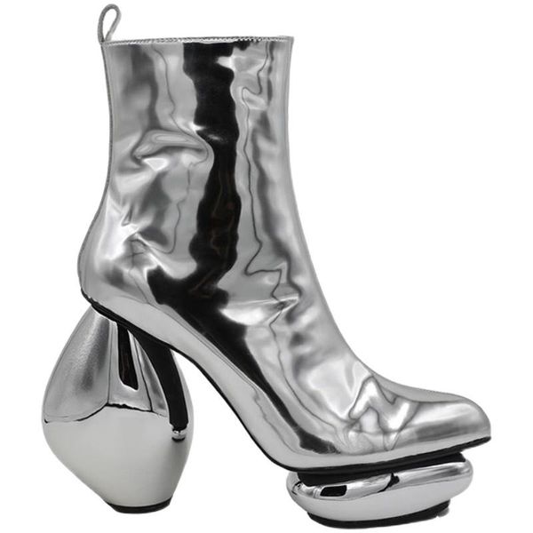 

boots womens patent leather ankle pointed toe strange high heel platform luxury shoes pull on black sliver 2021