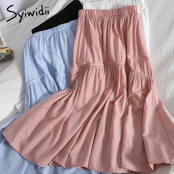 

syiwidii elastic high waist spliced skirts women a-line green pink blue white korean mid-calf clothes summer fashion casual 210417, Black