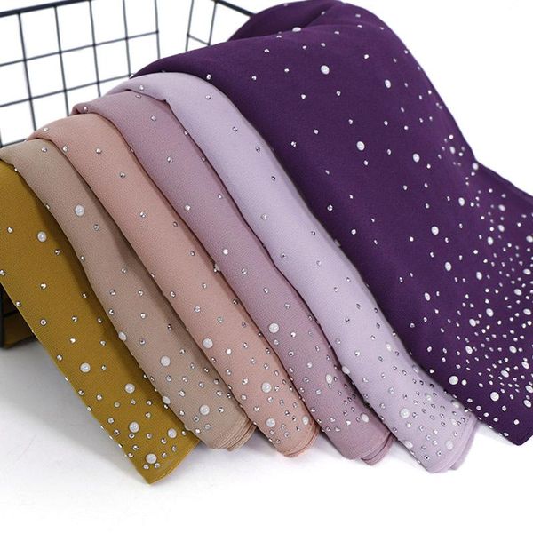 

scarves plain diamond beads bubble chiffon instant hijab shawls solid thick head wraps foulard sjaal muslim bonnet cachecol 180*70cm, Blue;gray