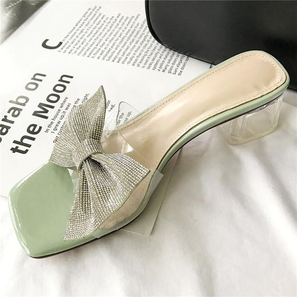

sandals summer bow crystal genuine leather women's fashion casual female slippers transparent mid heel handmade ladies shoes, Black