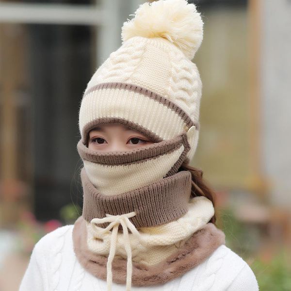 

beanie/skull caps winter hats scarf set for women thick warm mask fleece inside knitted cap fashion outdoor riding hat 2021, Blue;gray