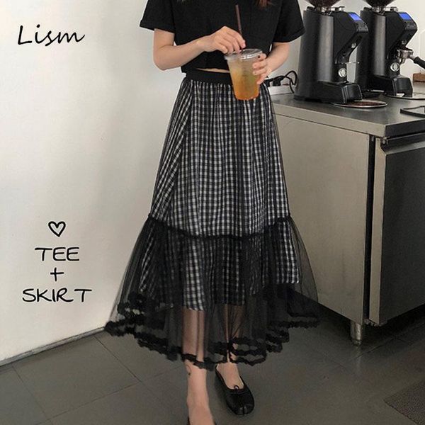 

skirts lism maxi vintage checkered elastic waist spring jupe femme 2021 moder lady patchwork elegant black plaid a line tulle skirt