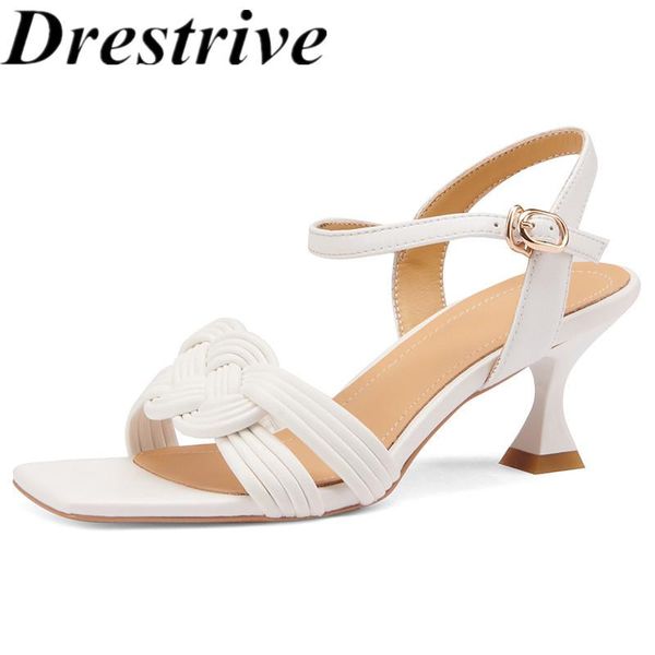 

drestrive cow leather 2021 summer fashion women sandals square toe buckle thin high heel shoes weave yellow handmade size 40 dress, Black