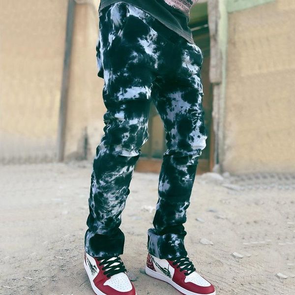 

men's jeans fashion printed tie dye straight camouflage style loose casual denim trousers male pocket patchwork men, Blue