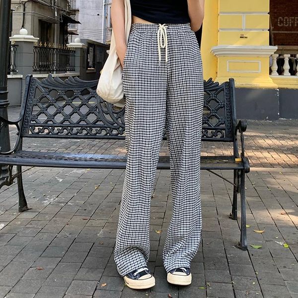 

women's pants & capris lucyever high waist straight trousers vintage lace up black white plaid women casual loose wide leg trouser 2021