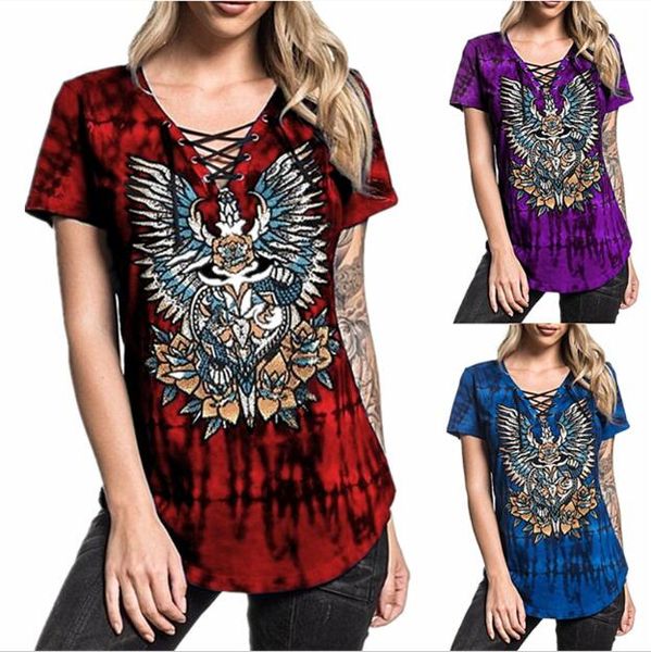 

2019 summer new women's tie-dye wing print tie short sleeve t-shirt large size shirt s-5xl, White