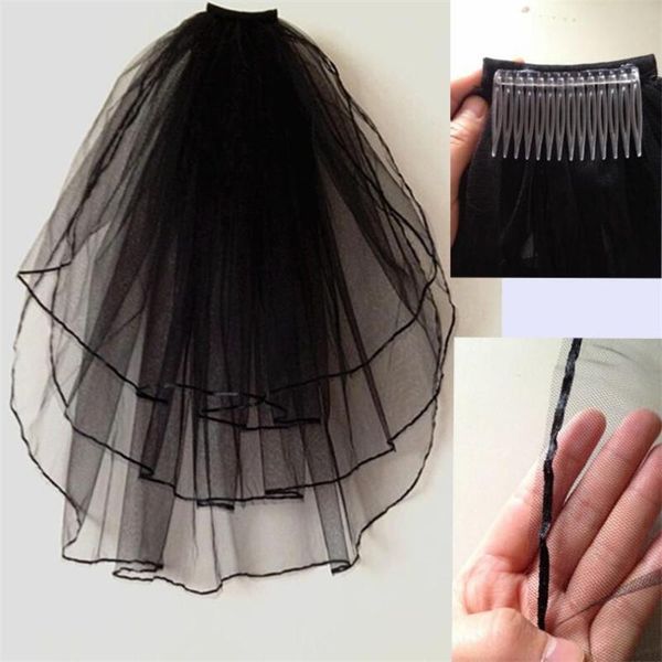 

bridal veils three layers short wedding veil with comb black ivory red white ribbon edge bride voile mariage accessories