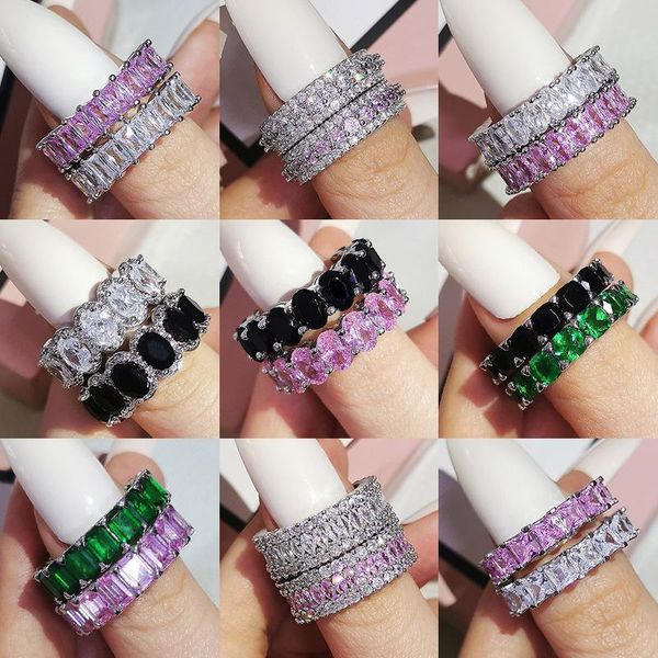 Anelli a grappolo 2 pezzi per set Confezione di lusso Rosa Nero Verde 925 Sterling Silver Wedding Band Eternity Ring per le donne Regalo Finger Lots Jewelry Z1