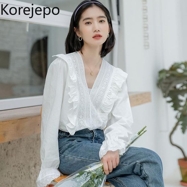 

women's blouses & shirts korejepo women lace stitching long-sleeved shirt 2021 autumn french v-neck chiffon loose white trumpet sleeve