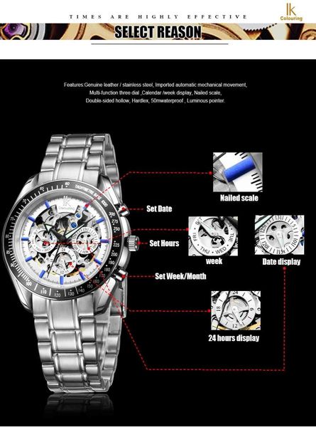 

fire luxury automatic mechanical men clock 24-hour display hollow date sports and leisure fashion diving, Slivery;brown