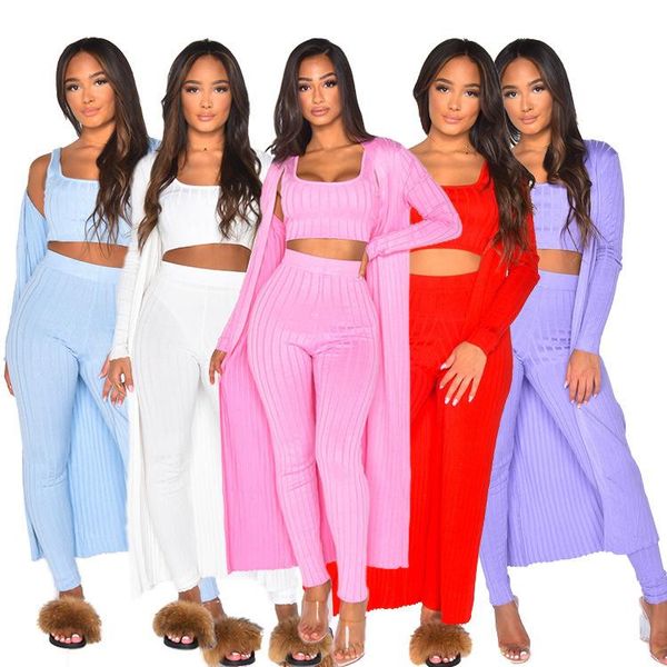 

women's two piece pants chiclover ribbing 3 sets womens outfits wholesale items long sleeve cardigan crop vest and leggings drop, White