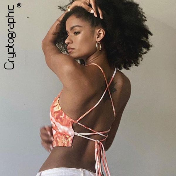 

women's tanks & camis 2021 summer fashion tie-dye print halter belt belly bag backless lacegirlcut women cute, White