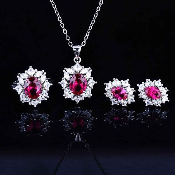 

earrings & necklace fashion geometric jewelry set inlaid with red oval zircon elegant suitable for women's party eternal wedding ring, Silver