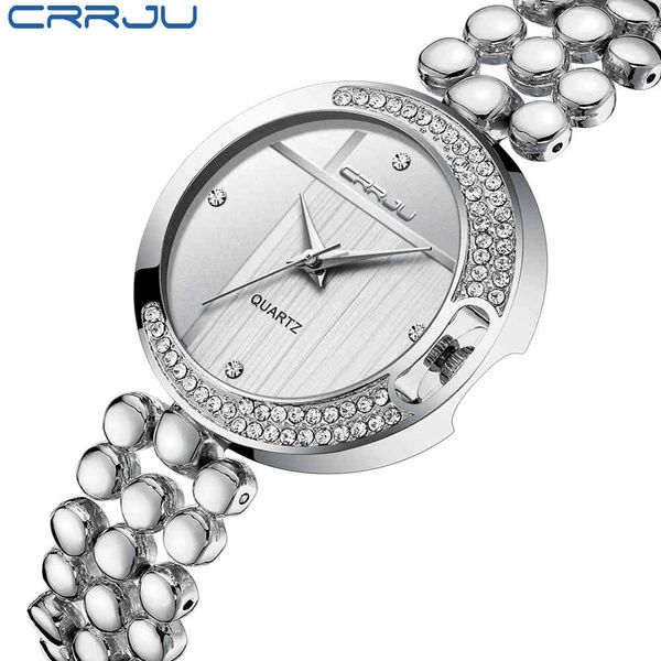 

relojes mujer crrju women fashion quartz watches stainless steel band moonlike ladies crystal dress wrist watches 210517, Slivery;brown