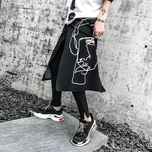 

men hair stylist hip hop splicing individuality printing net yarn fake two pieces culotte casual pants singer costumes men's, Black