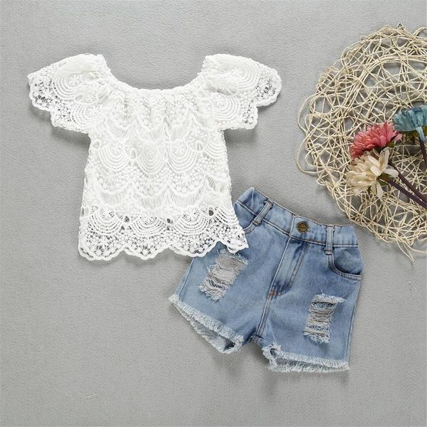 

1-4t girl's 2pcs summer clothes set solid color lace flower short sleeve boat neck with ripped jeans clothing sets, White