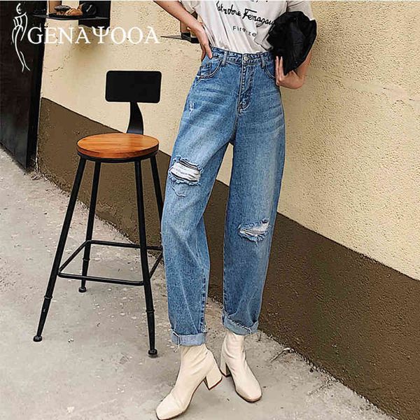 

genayooa denim boyfriend for korean loose high waist ripped blue streetwear women jeans pants fashion 210417