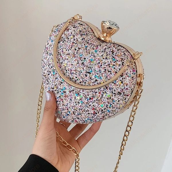 Borse da sposa da donna a cuore con manico Borse da sera Borsa da donna con tracolla a catena con paillettes