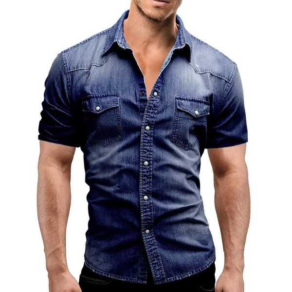

men's casual shirts men spring summer denim thin shirt short sleeve soft cotton two pockets slim slight elastic jeans cowboy clothing, White;black