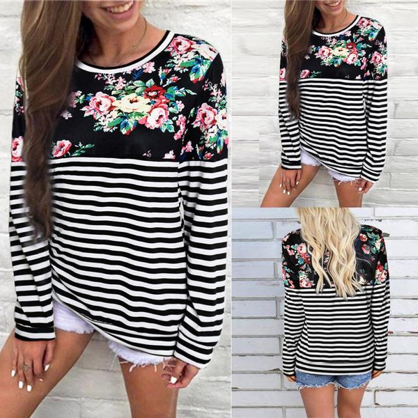 

women's hoodies & sweatshirts stripe patchwork pullover autumn sweatshirt casual loose women fashion printed long sleeve blouse, Black