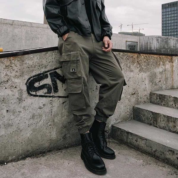 

men's pants street cargo fashion loose casual cropped multi-pocket trousers autumn winter jogging mens safari style ytc2, Black