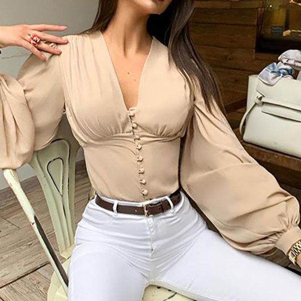 

women's blouses & shirts women vintage puff long sleeve shirt deep v-neck button down crop ruched chest solid color slim fit elegan, White