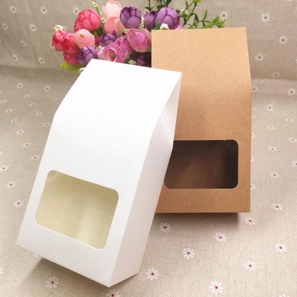 

gift wrap 24pcs kraft packaging bag clear pvc window seal food packing paper box for cookie/chocolate/coffee bean/candy/cake 8*5*16cm