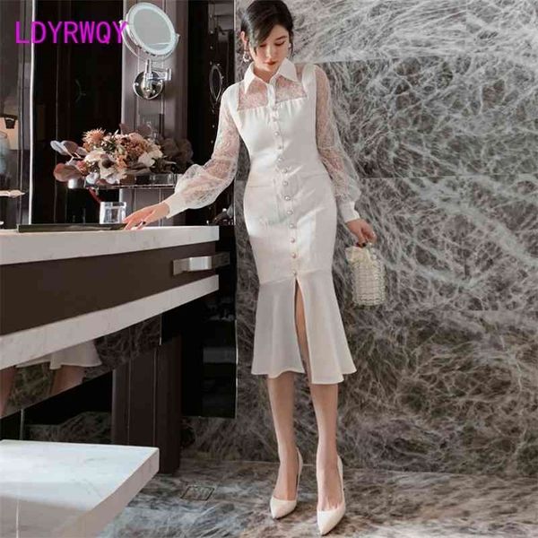 

autumn and winter lace stitching shirt collar lantern sleeve split fishtail dress knee-length v-neck zippers 210416, Black;gray