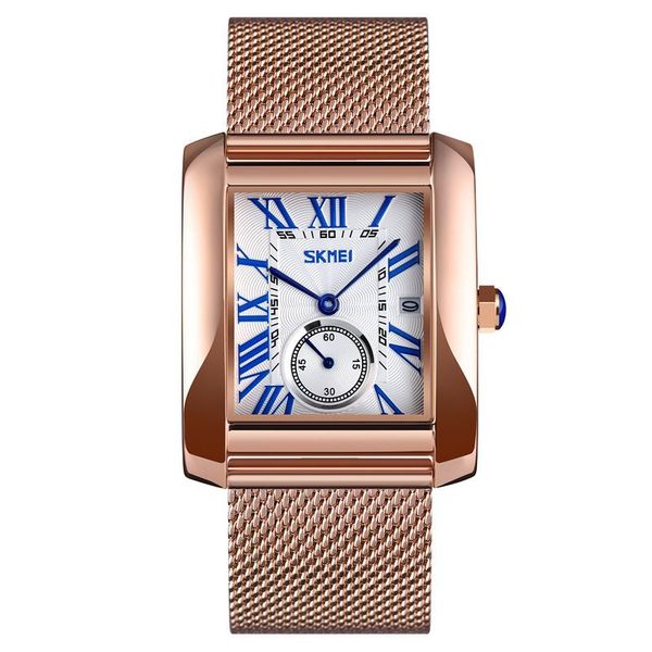 

wristwatches skmei fashion rose steel strap couple wristwatch display bracelet clock square quartz watch women business 9191, Slivery;brown