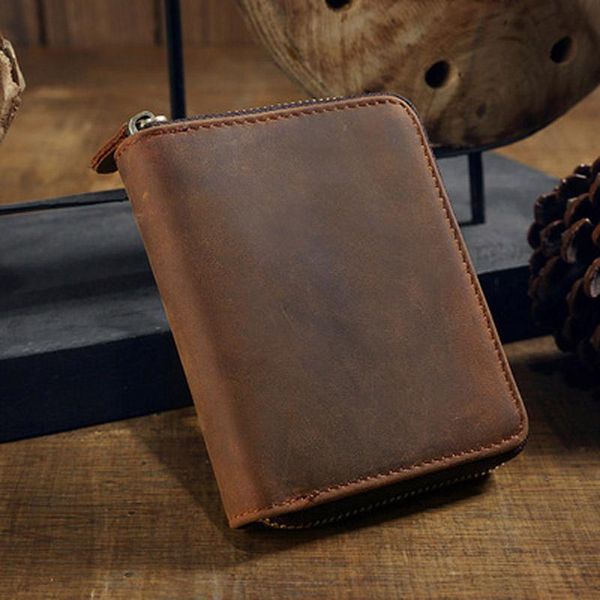 

wallets handmade zipper small wallet men's short leather crazy horse horizontal and vertical clutch simple, Red;black
