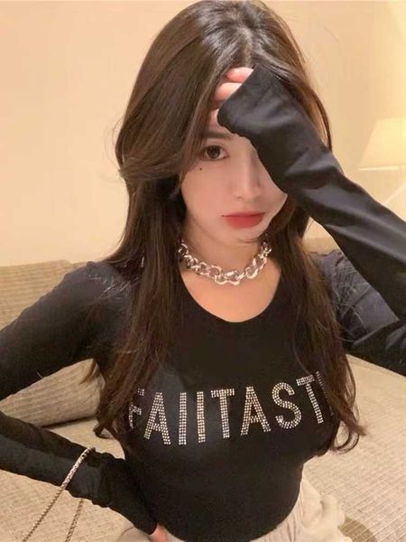 

spring and autumn long sleeve round neck women shining letter t-shirt high street fashion slim black 210604, White