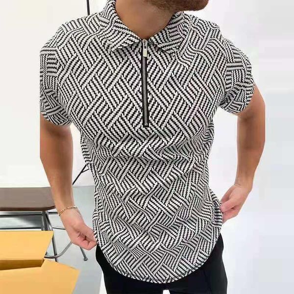 

men's polos men shirts zipper turn-down collar striped printed plus size tshirt for short sleeve casual fashion summer 2021, White;black