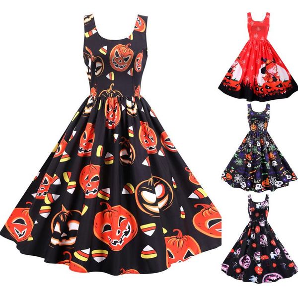 

casual dresses halloween 2021 women's autumn and winter sleeveless o neck pumpkin print party swing dress vestidos de fast ship, Black;gray