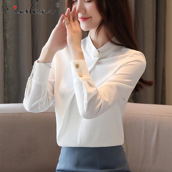 

pullovers woman chiffon shirts 2021 autumn stand collar long sleeve solid women blouses fashion korean style t07805k women's &, White