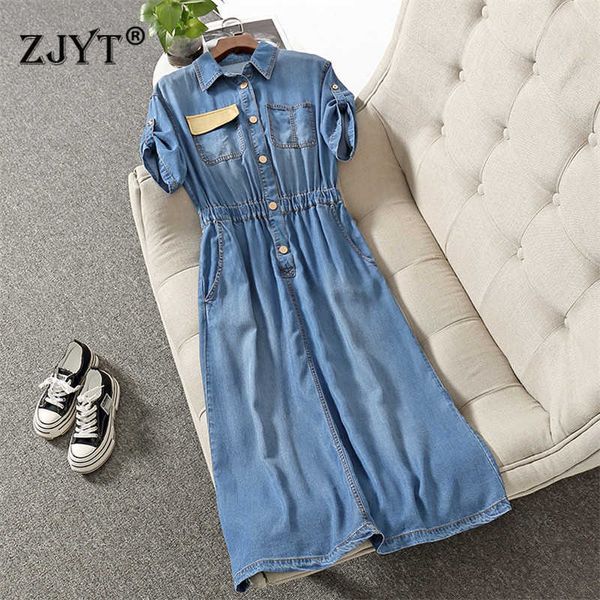 Moda verão streetwear mulheres tendência manga curta elástica cintura azul macio lyocell denim vestido casual robe femme 210601