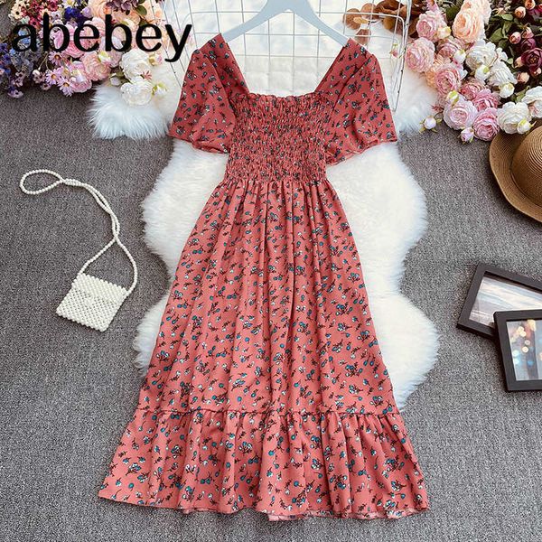 

summer gentle temperament square collar floral chiffon dress waist slim mid length big skirt 210512, Black;gray