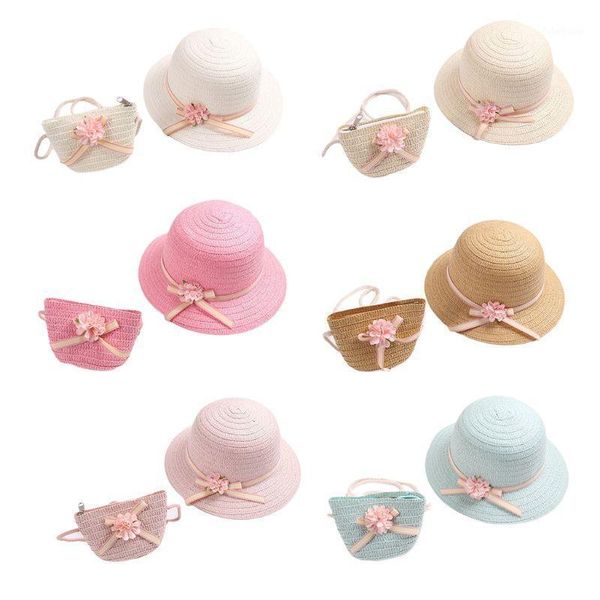 

baby girls straw sun visor hat with zipper shoulder bag floral bowknot beach caps & hats1, Yellow