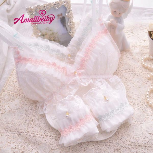 

bras sets japanese underwear set kawaii lolita triangle cup wireless comfortable sleep bra and panties summer ruffles lace bralette, Red;black