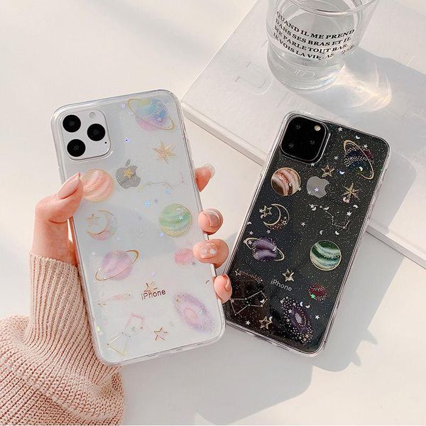 

cell phone pouches glitter space planet star moon case for 12mini 11pro x xr xs max 8 7 plus transparent shining soft epoxy back cove