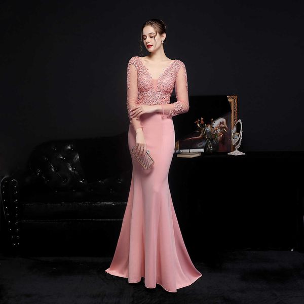 

luxury party evening dress 18659# procs lace and diamond toast bride's long sleeved thank you banquet fishtail evening, White;pink