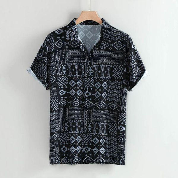 

men's casual shirts summer geometry print beach shirt men lapel leaf printing black man short sleeve blouse male 2021 trend, White;black