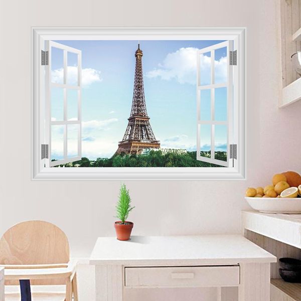 

wall stickers paris tower 3d fake window living room bedroom decoration city scenery mural art landscape diy home decals