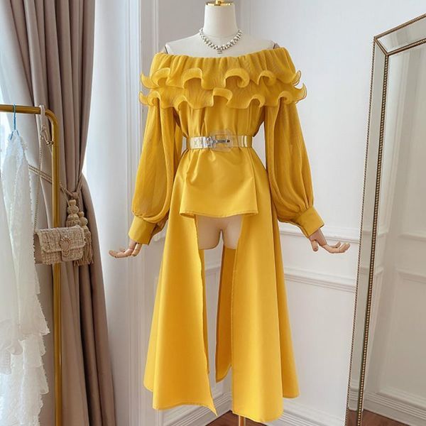 

fashion lantern sleeve design women blouses ruffles femme irregular, White