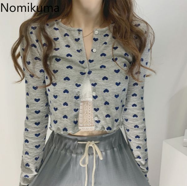 Nomikuma Coreano Love Heart Cardigan lavorato a maglia Manica lunga O-Collo Vita alta Cappotto corto maglione Autunno Crop Top Ropa Mujer 6C174 210427