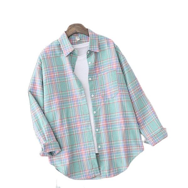 

plaid shirts women and blouses long sleeve oversized cotton ladies casual blusas one pocket loose female checked shirt 2021 women's &, White