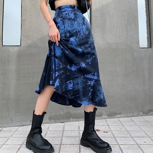 

skirts rosetic gothic blue tie dye skirt women ruffles design cool streetwear a line high waist autumn goth halloween, Black