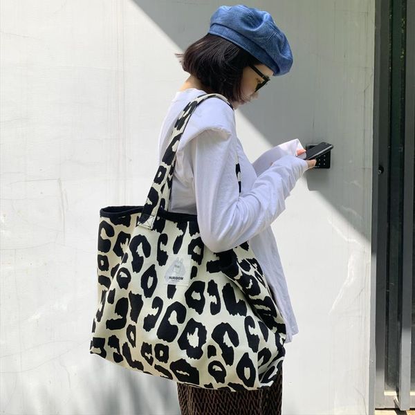 

evening bags harajuku korean all-match shopping bag leopard print casual large-capacity canvas women's single shoulder student tote