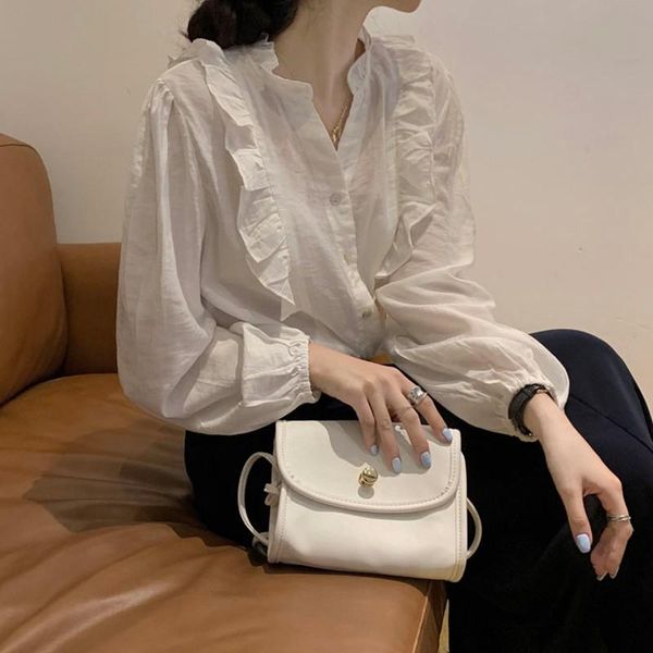 

women's blouses & shirts women white casual 2021 fashion korean style stand collar ruffles loose office lady elegant long sleeve w397