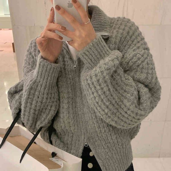 

sweaters autumn winter women new elegant zipper loose sweaters chic turn down collar cardigan knit apricot sweater, White;black