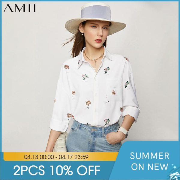 

amii minimalism spring women's shirt offical lady printed lapel chiffon causal blouse 12140283 blouses & shirts, White